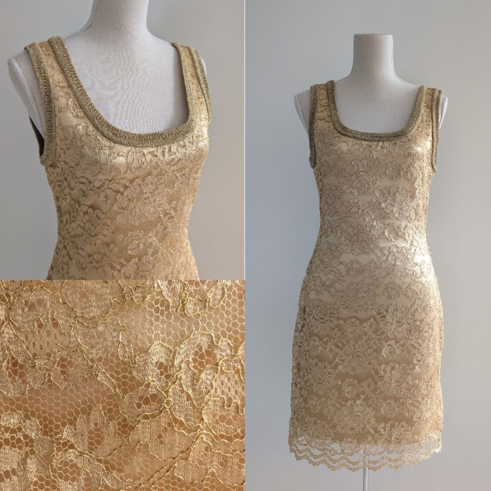Vtg Emanuel Ungaro Gold Lace Dress